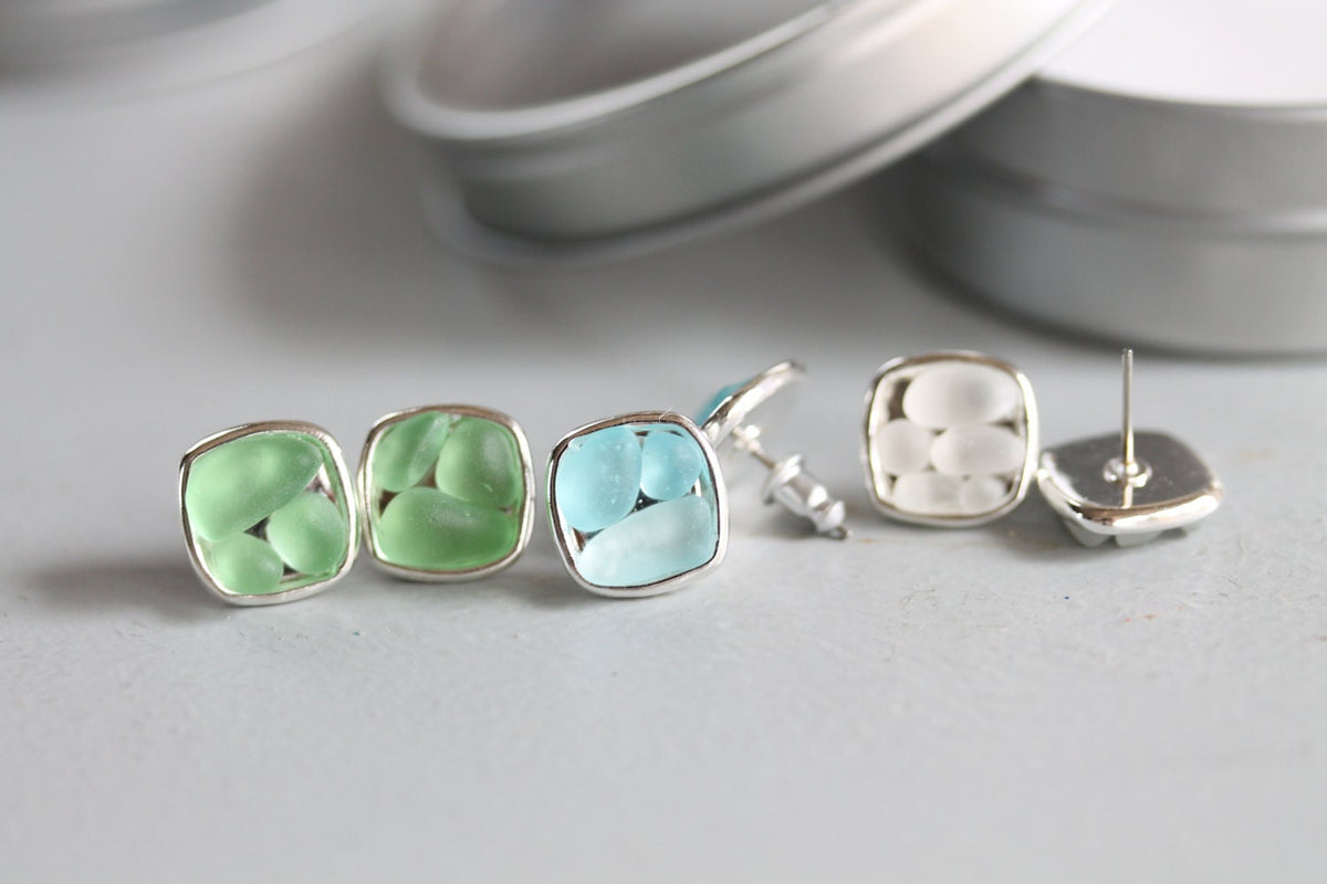 Sea Glass & Silver Mosaic Post Earrings - Aqua