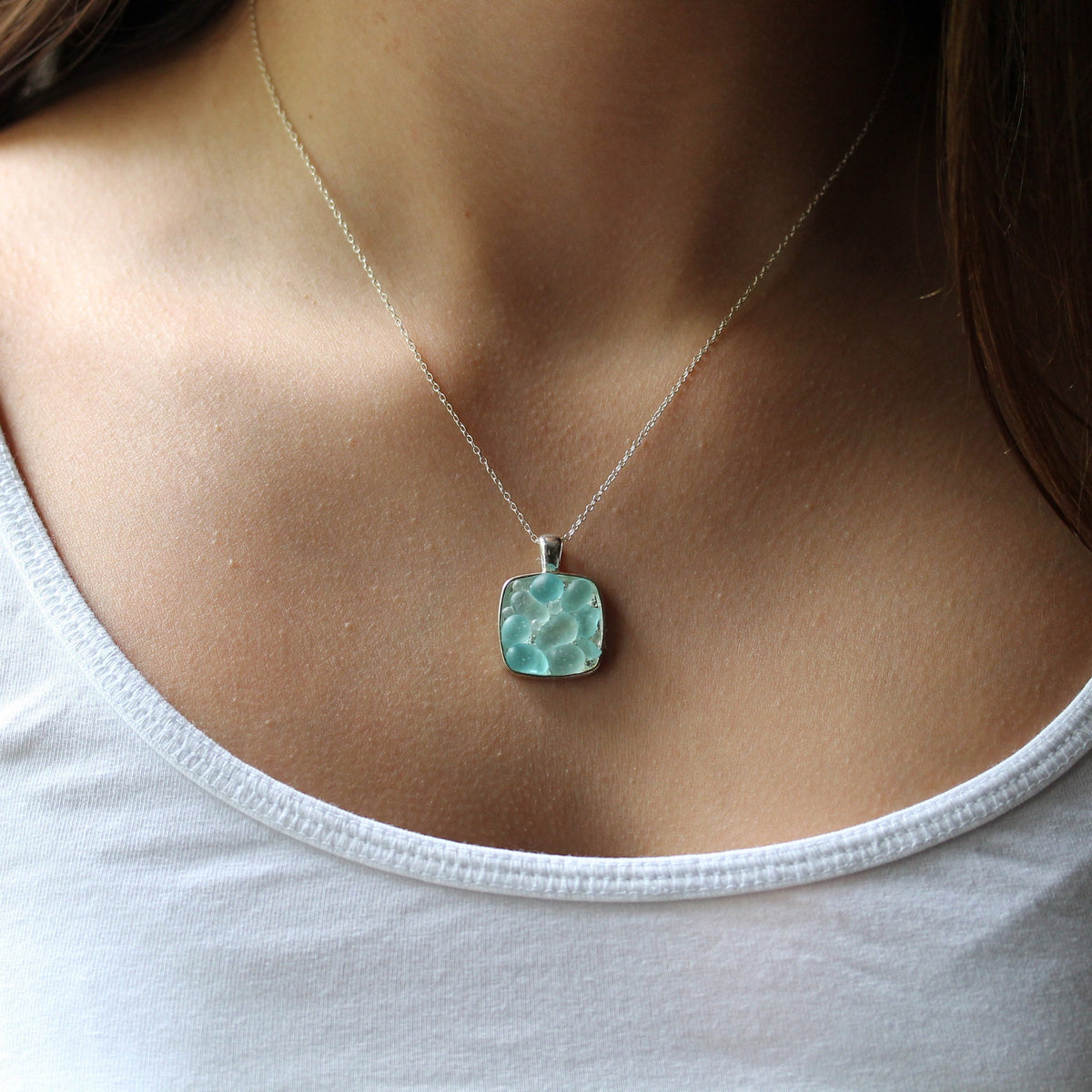 Sea Glass & Silver Mosaic Necklace - Seafoam