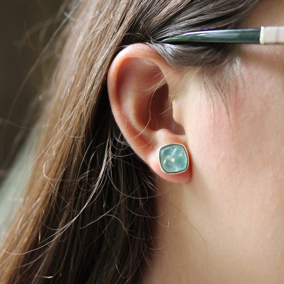 Sea Glass & Silver Mosaic Post Earrings - Royal Blue