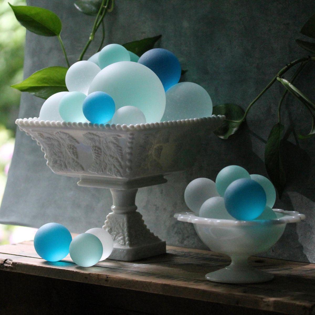 Aqua - Super Jumbo Seaglass Ball w/ Driftwood or Geometric Metal Stand