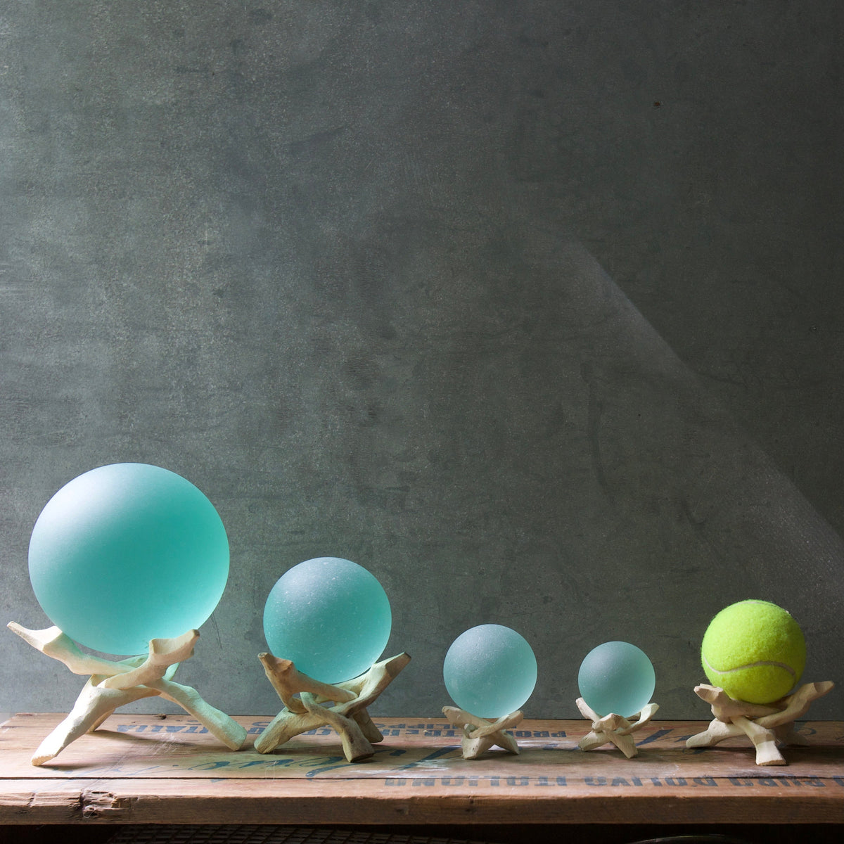 Green - Seaglass Ball with Driftwood or Geometric Metal Stand