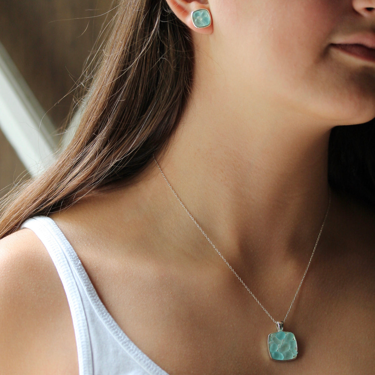 Sea Glass & Silver Mosaic Post Earrings - Aqua