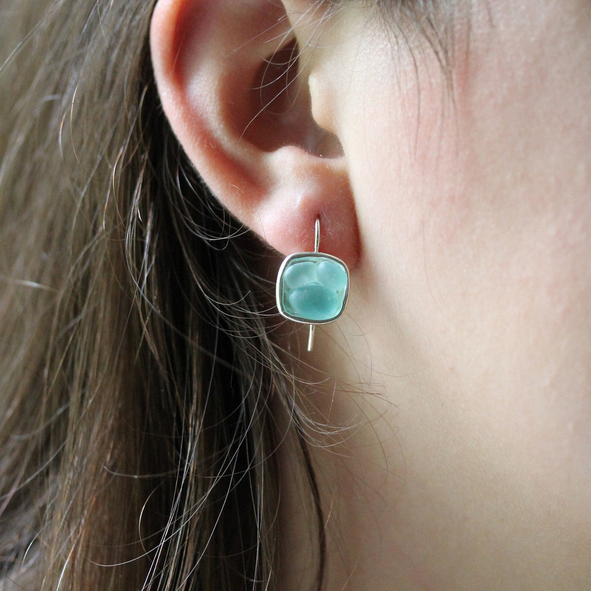 Sea Glass & Silver Mosaic Drop Earrings - Seafoam