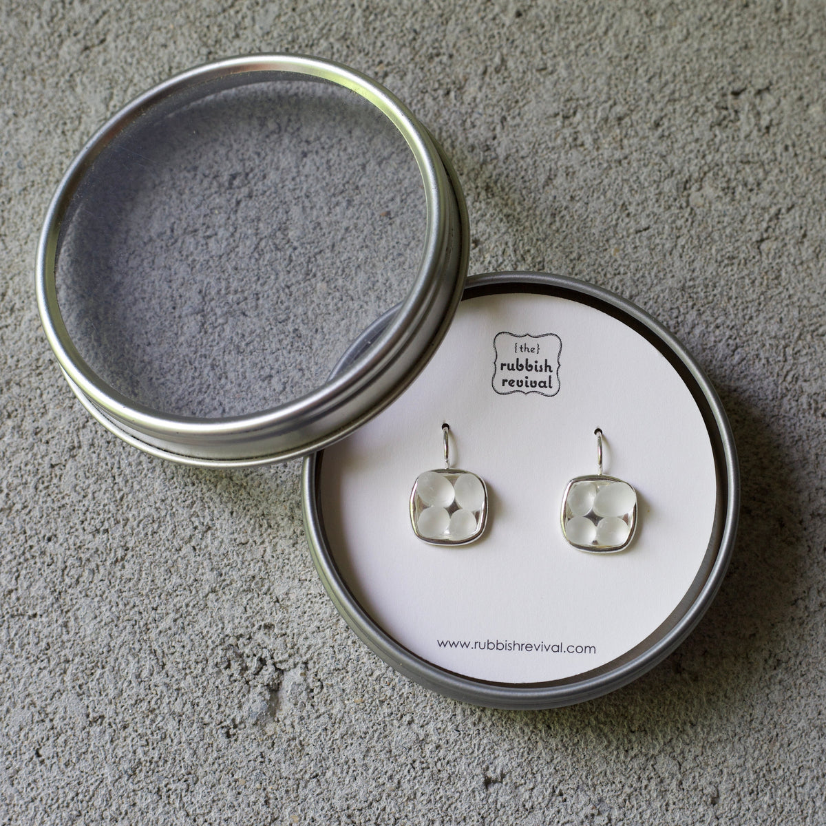 Sea Glass & Silver Mosaic Earrings - White