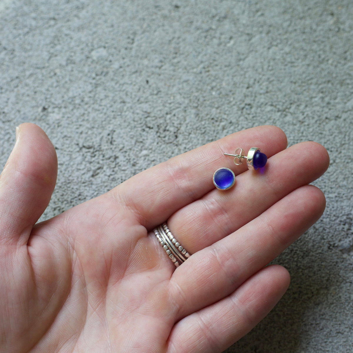 Sea Glass & Silver Petite Stud Earrings - White