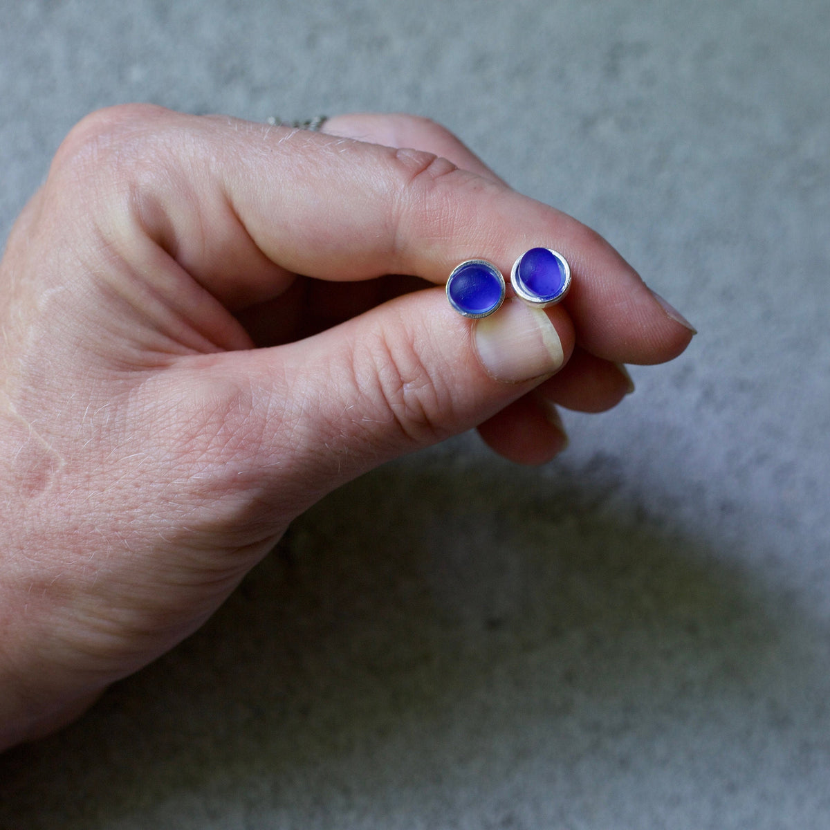 Sea Glass & Silver Petite Stud Earrings - Royal Blue