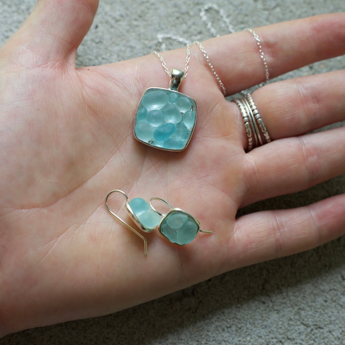 Sea Glass & Silver Mosaic Necklace - Aqua