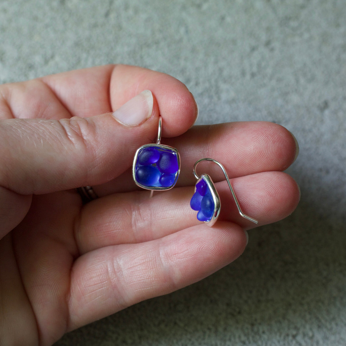 Sea Glass & Silver Mosaic Drop Earrings - Royal Blue