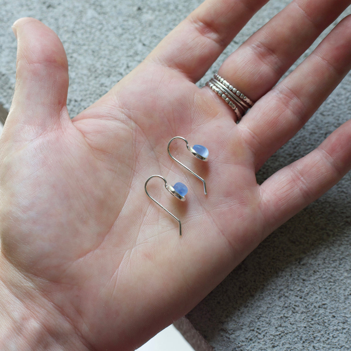 Sea Glass & Silver Petite Drop Earrings - Twilight