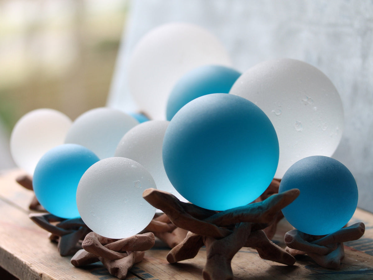Aqua - Seaglass Ball with Driftwood or Geometric Metal Stand