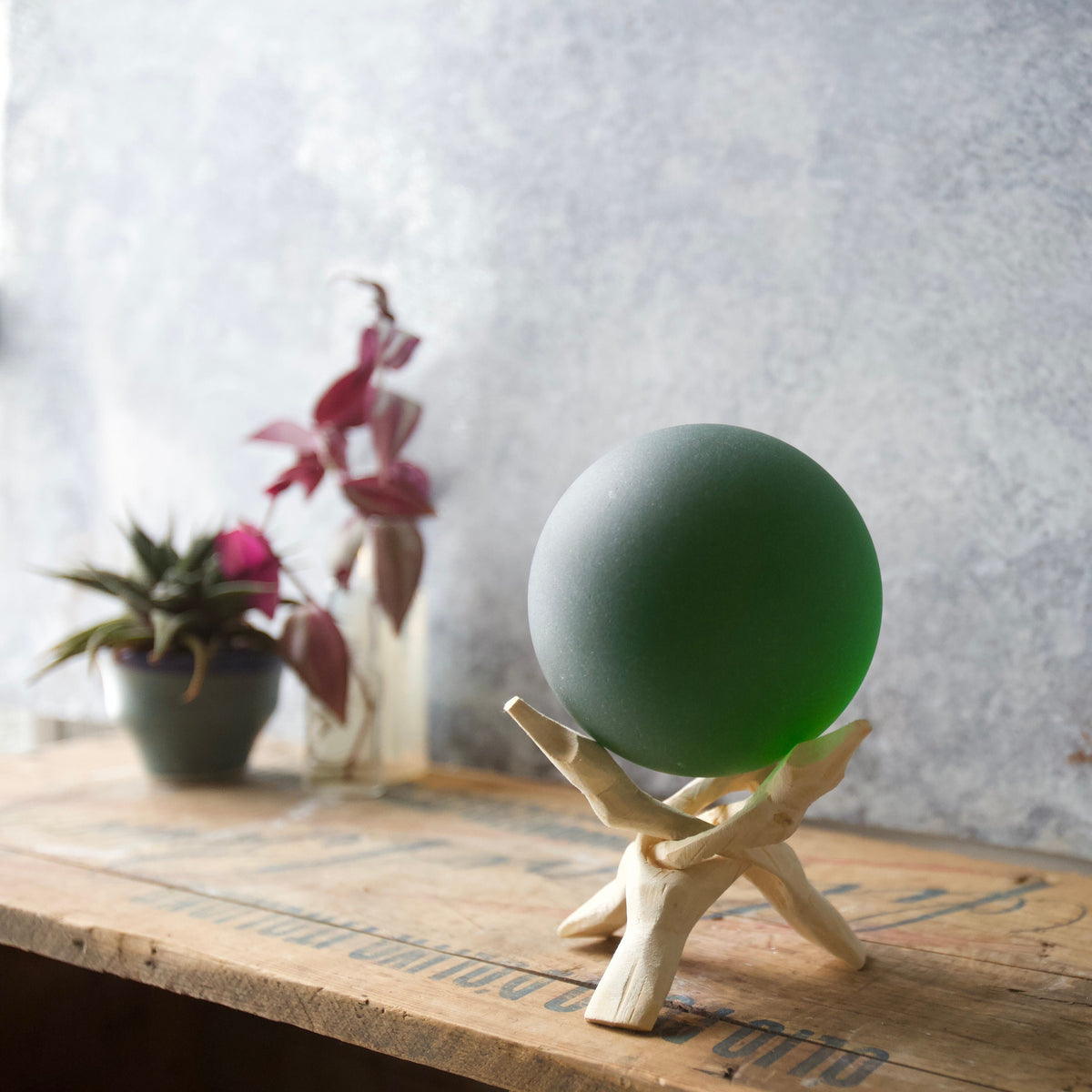 Emerald - Super Jumbo Seaglass Ball w/ Driftwood or Geometric Metal Stand