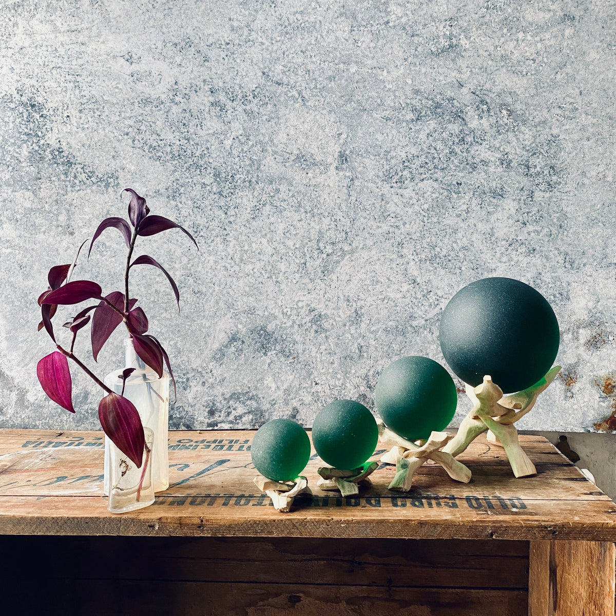 Emerald - Super Jumbo Seaglass Ball w/ Driftwood or Geometric Metal Stand
