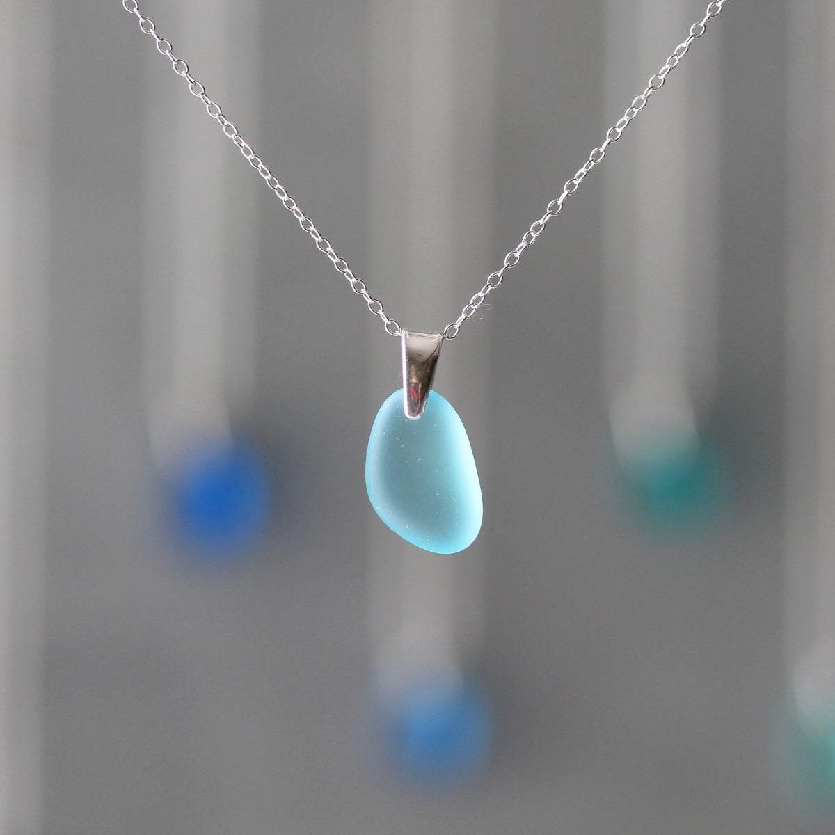 Sea Glass & Sterling Silver Necklace - Shades of Blue