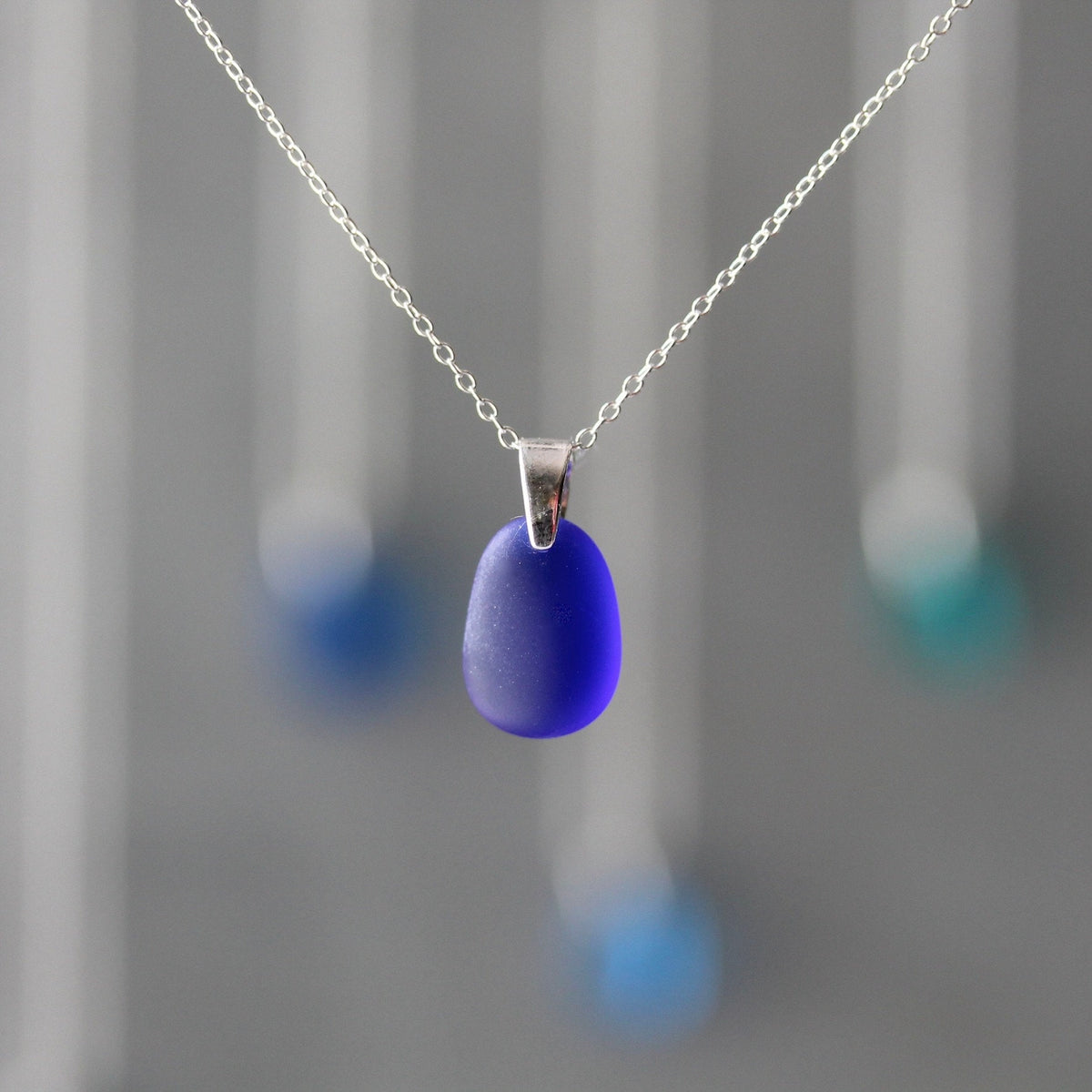 Sea Glass & Sterling Silver Necklace - Shades of Blue
