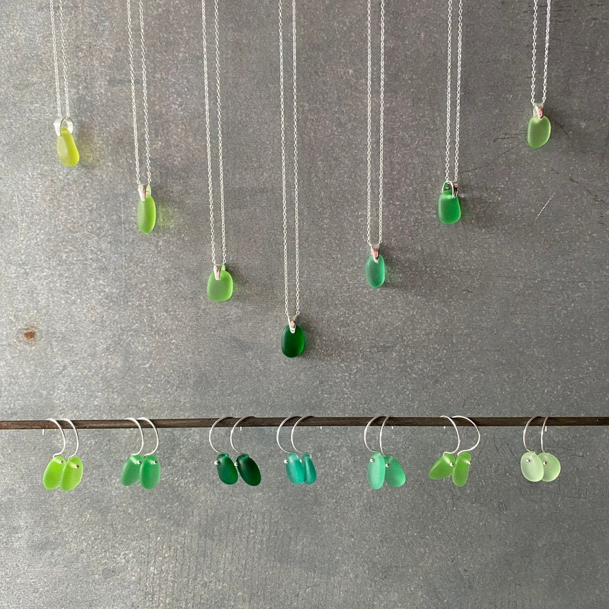 Sea Glass & Sterling Silver Earrings - Shades of Green