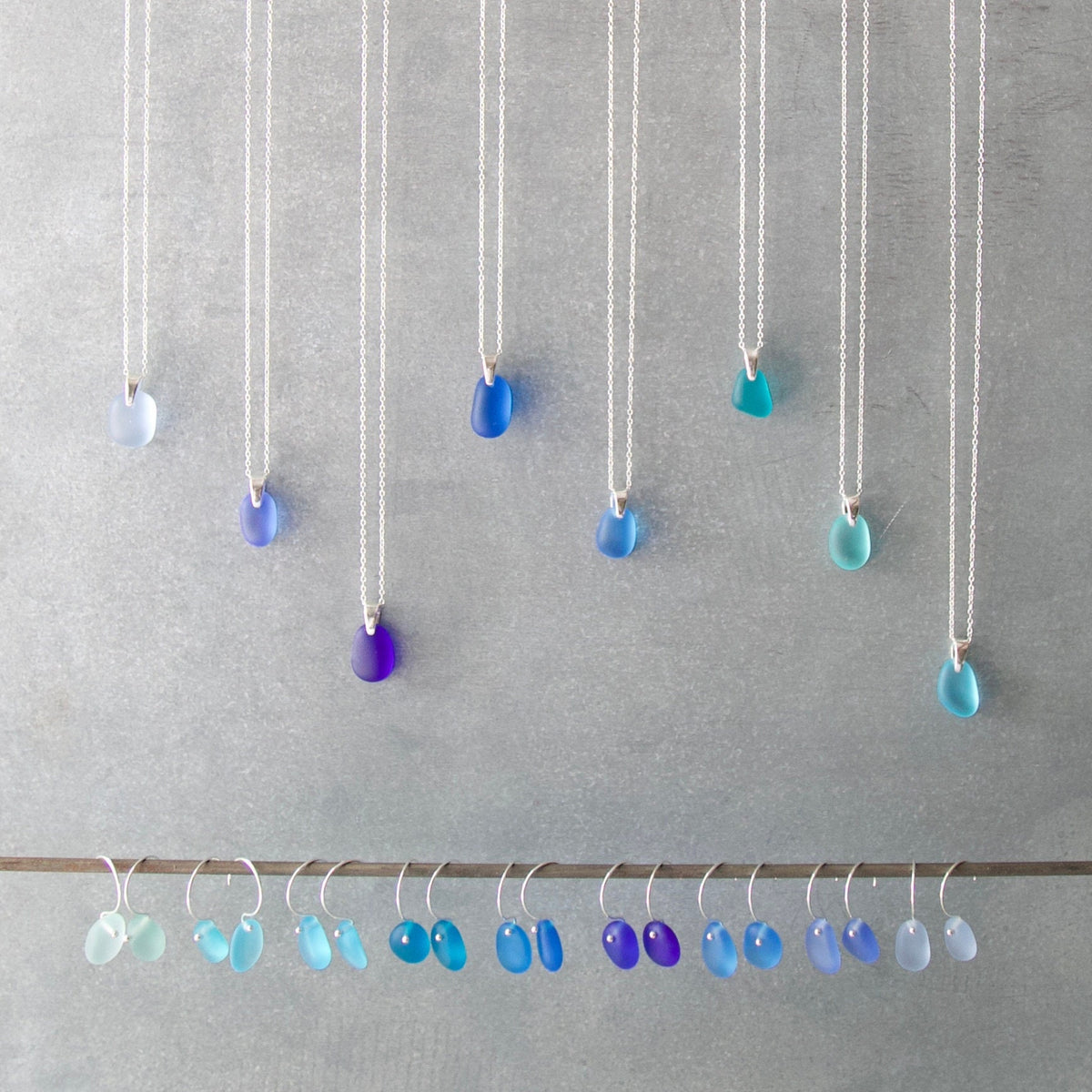 Sea Glass & Sterling Silver Earrings - Shades of Blue