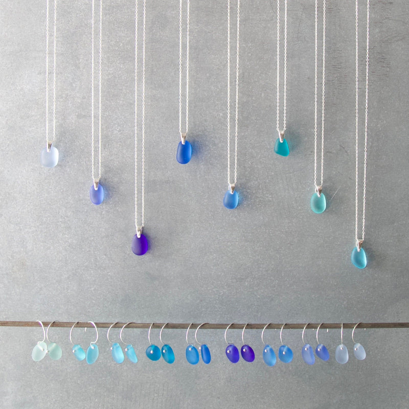 Sea Glass & Sterling Silver Earrings - Shades of Blue