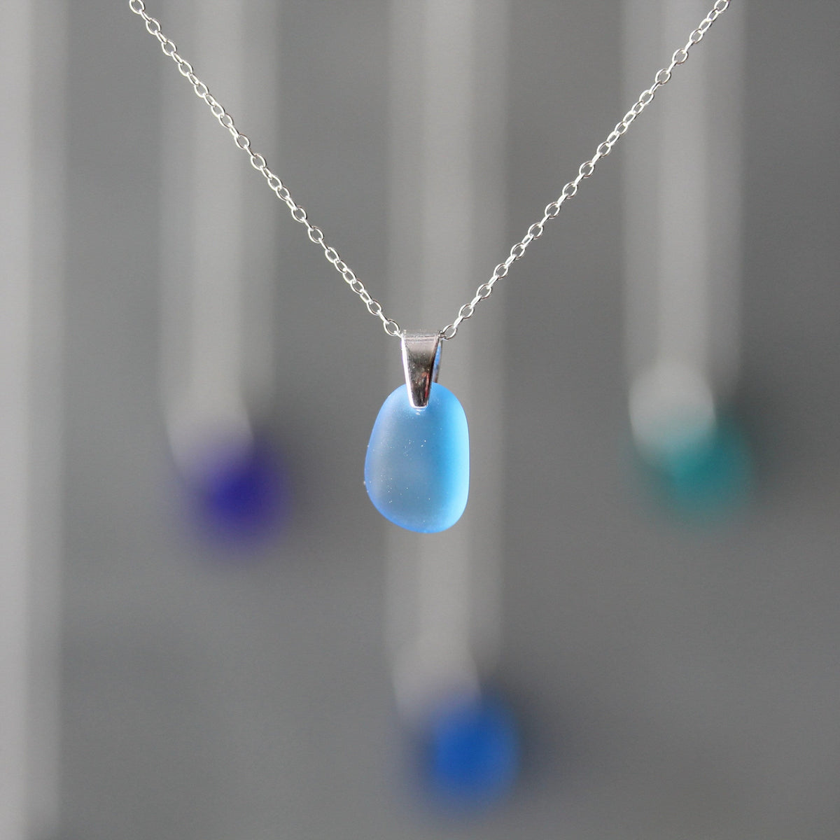 Sea Glass & Sterling Silver Necklace - Shades of Blue