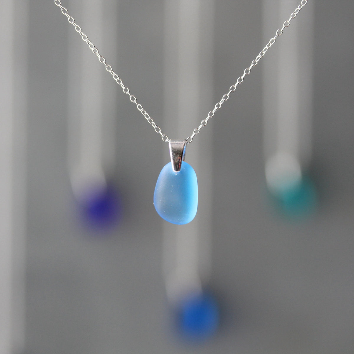 Sea Glass & Sterling Silver Necklace - Shades of Blue
