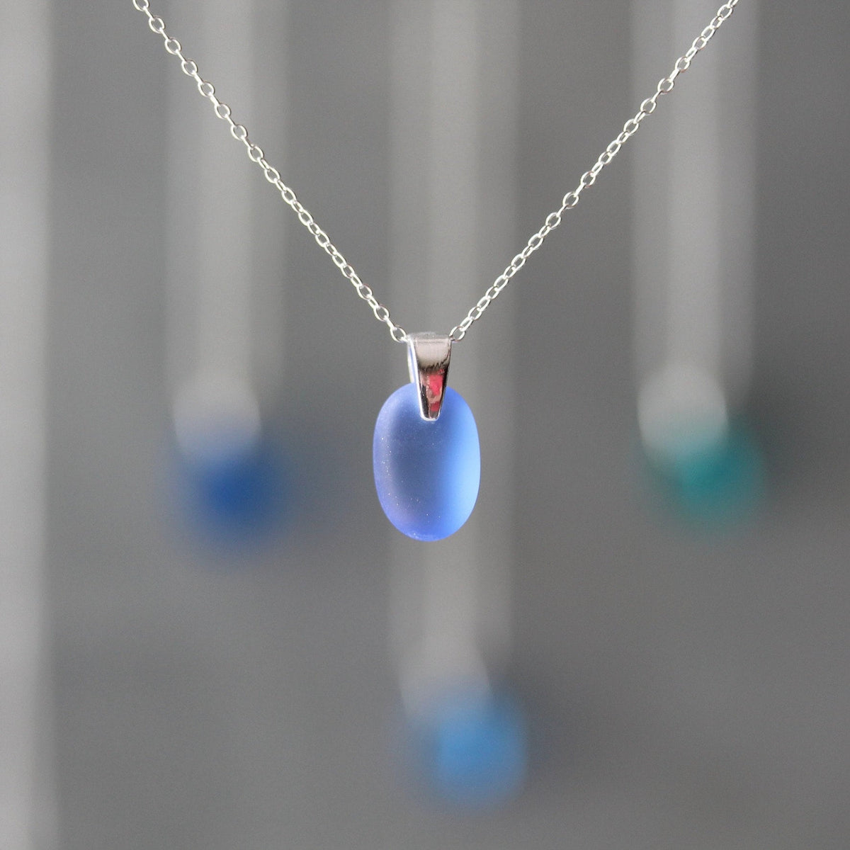 Sea Glass & Sterling Silver Necklace - Shades of Blue
