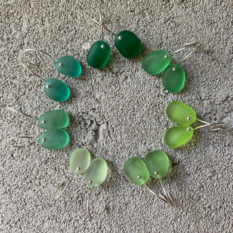Sea Glass & Sterling Silver Earrings - Shades of Green