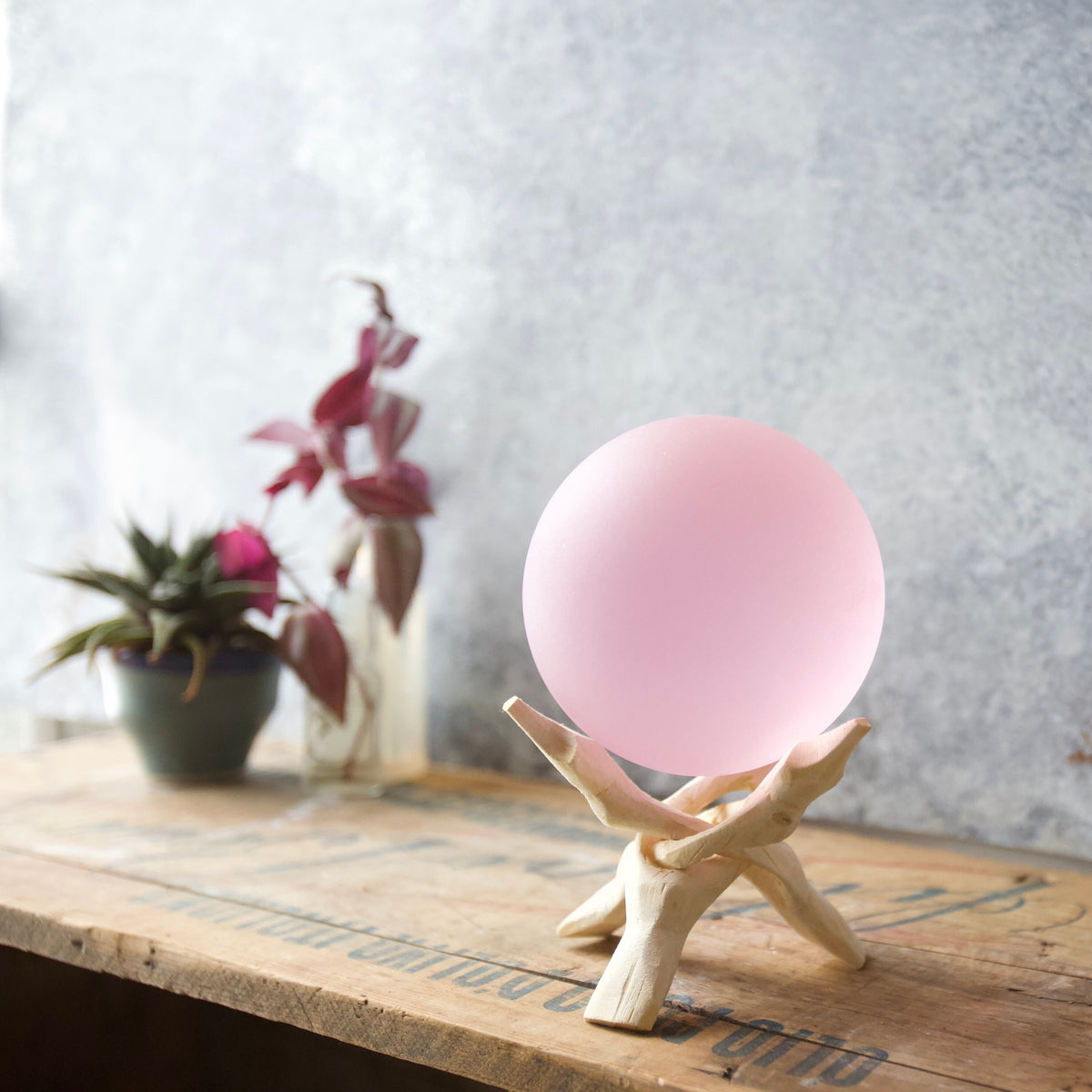 Pink - Super Jumbo Seaglass Ball w/ Driftwood or Geometric Metal Stand