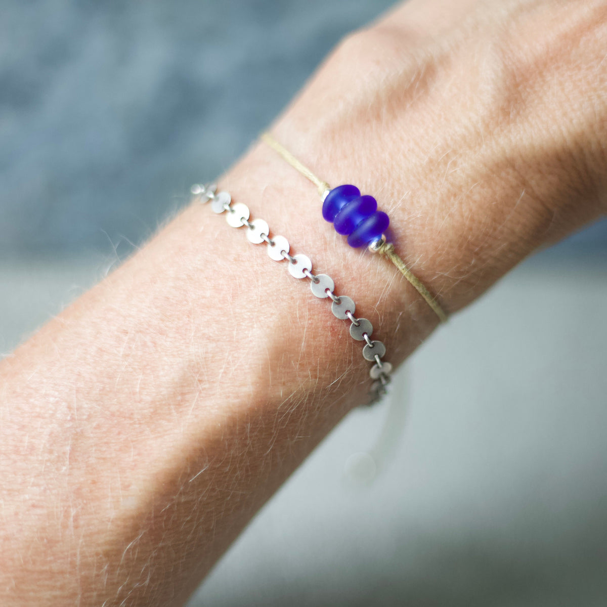 Blue Sea Glass Bracelet: Sterling Silver & Cotton Cord - 3 Seaglass Bead