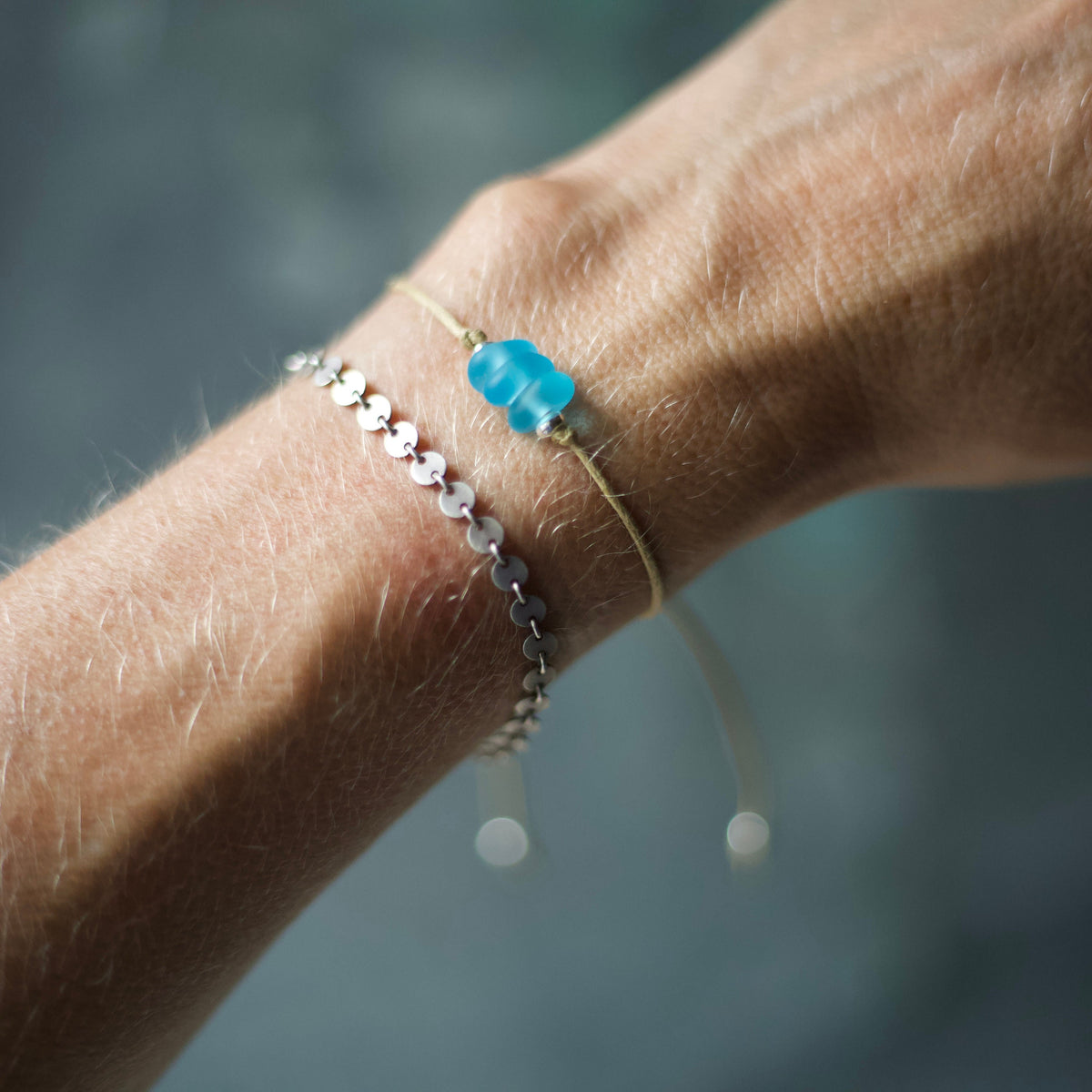 Blue Sea Glass Bracelet: Sterling Silver & Cotton Cord - 3 Seaglass Bead