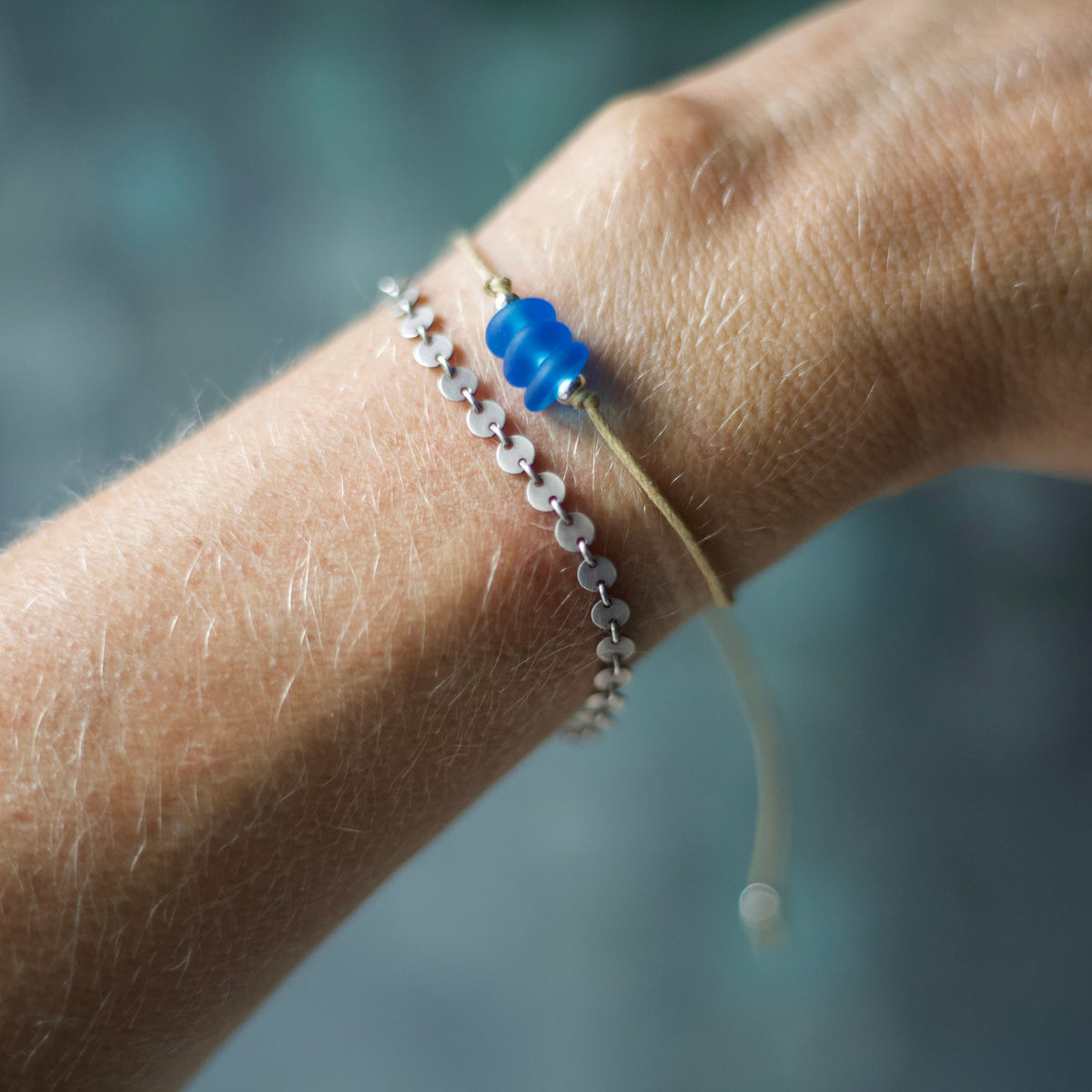 Blue Sea Glass Bracelet: Sterling Silver & Cotton Cord - 3 Seaglass Bead