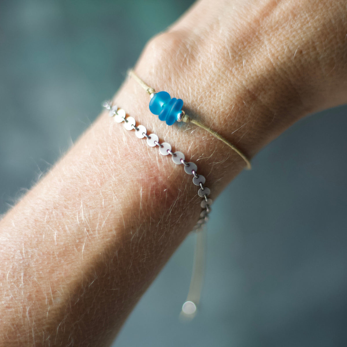 Blue Sea Glass Bracelet: Sterling Silver & Cotton Cord - 3 Seaglass Bead