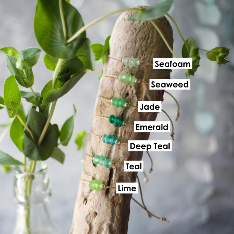 Green Sea Glass Bracelet: Sterling Silver & Cotton Cord - Single Seaglass Bead