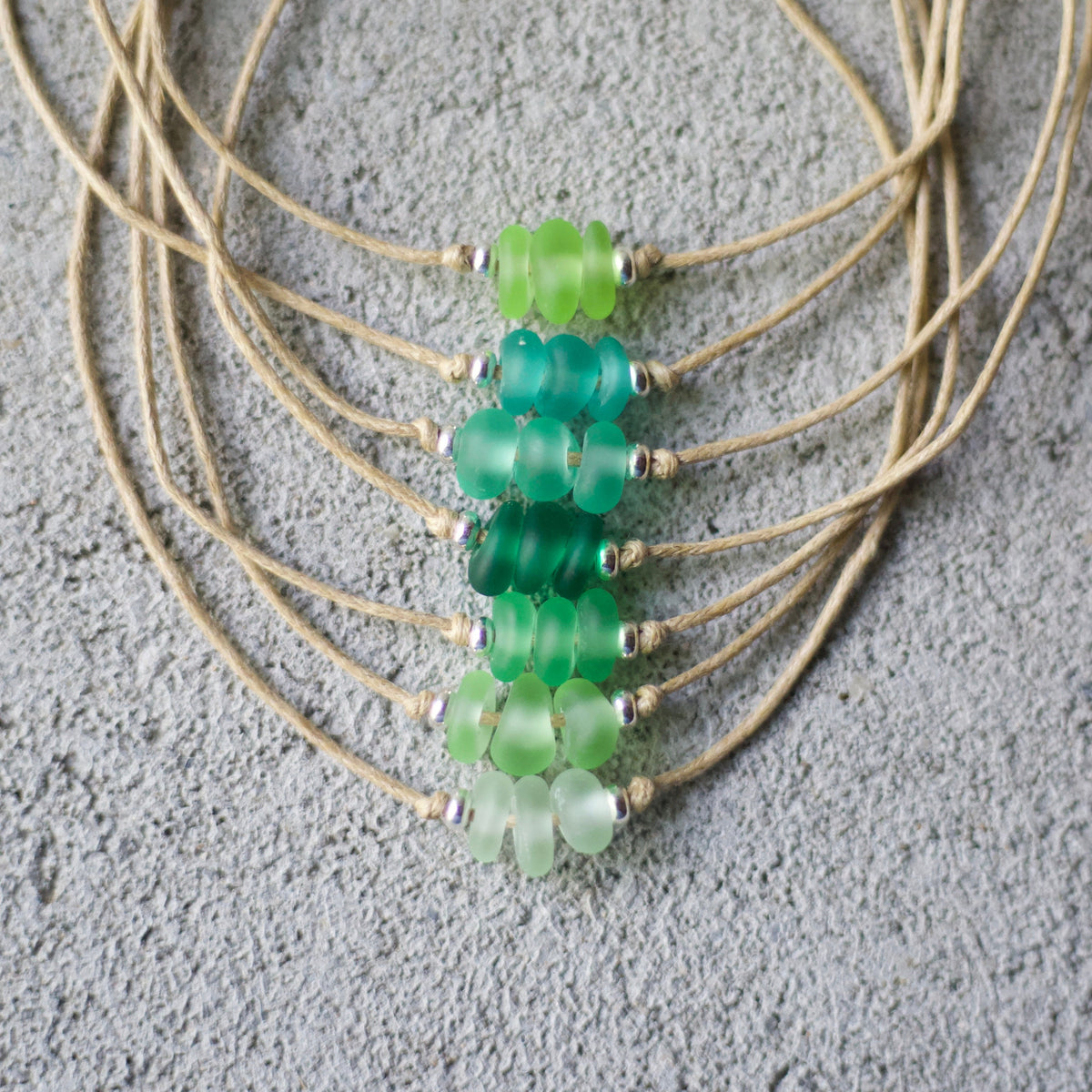 Green Sea Glass Bracelet: Sterling Silver & Cotton Cord - Single Seaglass Bead