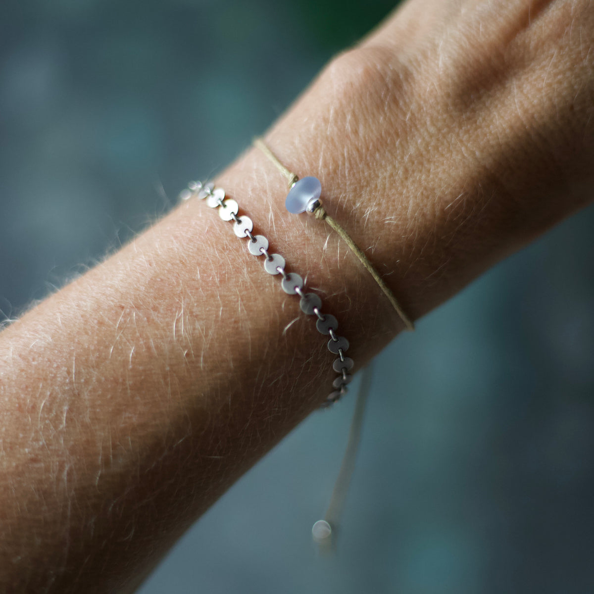 Blue Sea Glass Bracelet: Sterling Silver & Cotton Cord - single seaglass bead