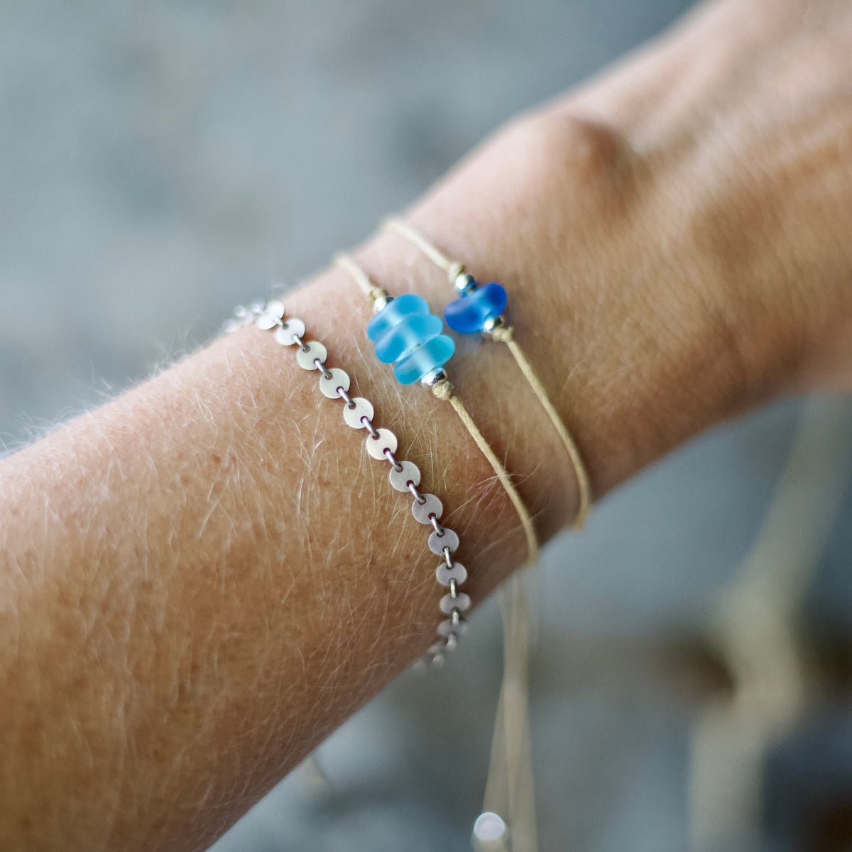 Blue Sea Glass Bracelet: Sterling Silver & Cotton Cord - single seaglass bead