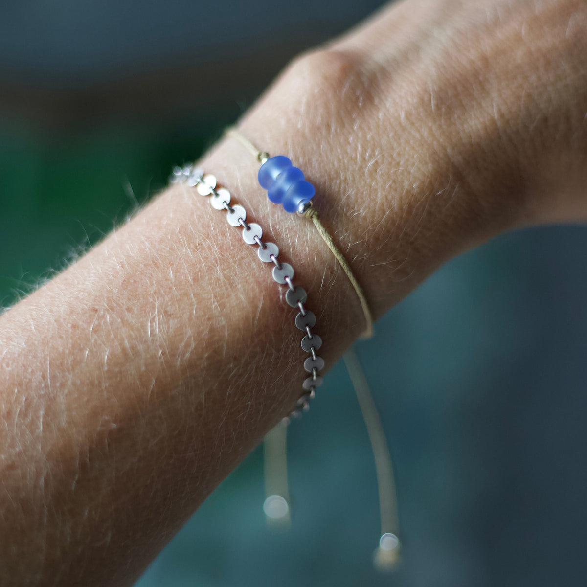 Blue Sea Glass Bracelet: Sterling Silver & Cotton Cord - 3 Seaglass Bead