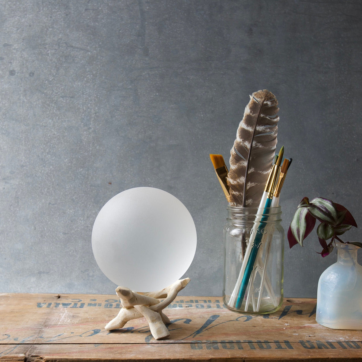 White - Super Jumbo Seaglass Ball w/ Driftwood or Geometric Metal Stand