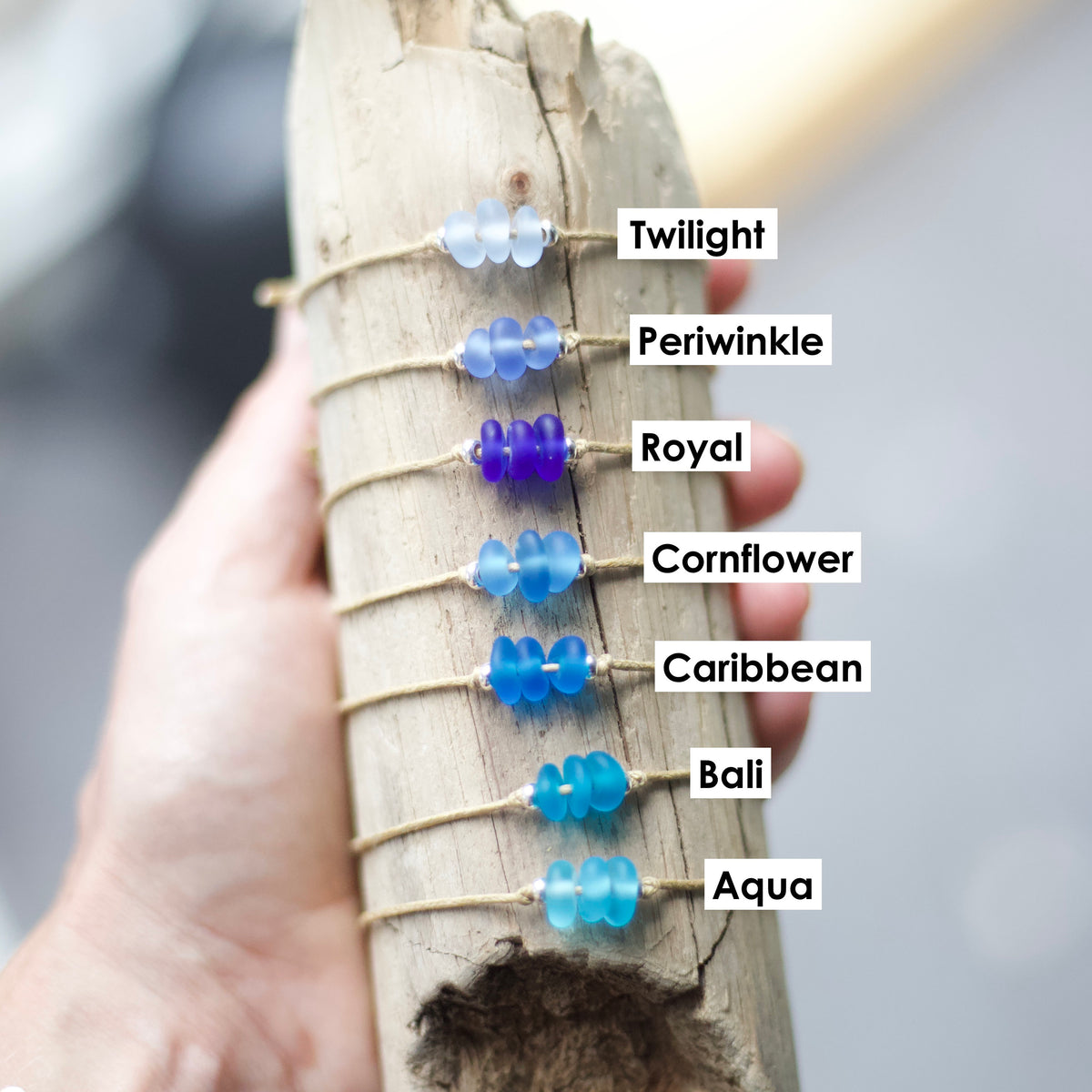 Blue Sea Glass Bracelet: Sterling Silver & Cotton Cord - 3 Seaglass Bead