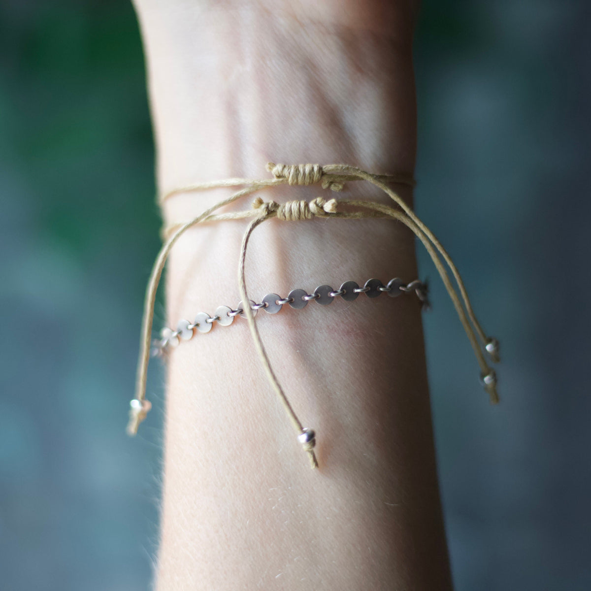 Blue Sea Glass Bracelet: Sterling Silver & Cotton Cord - 3 Seaglass Bead