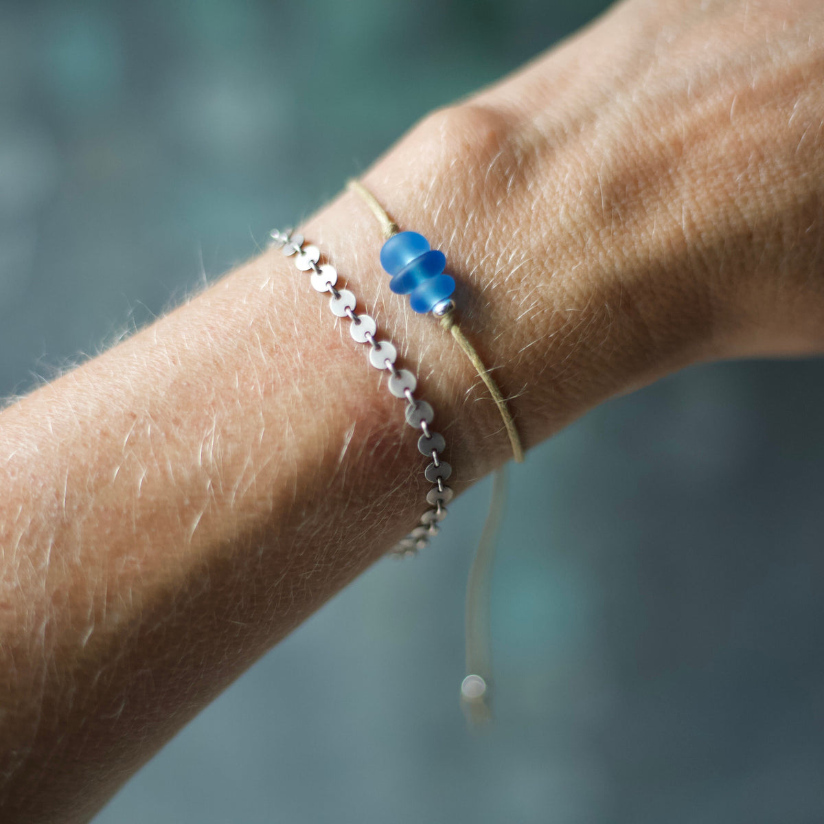 Blue Sea Glass Bracelet: Sterling Silver & Cotton Cord - 3 Seaglass Bead