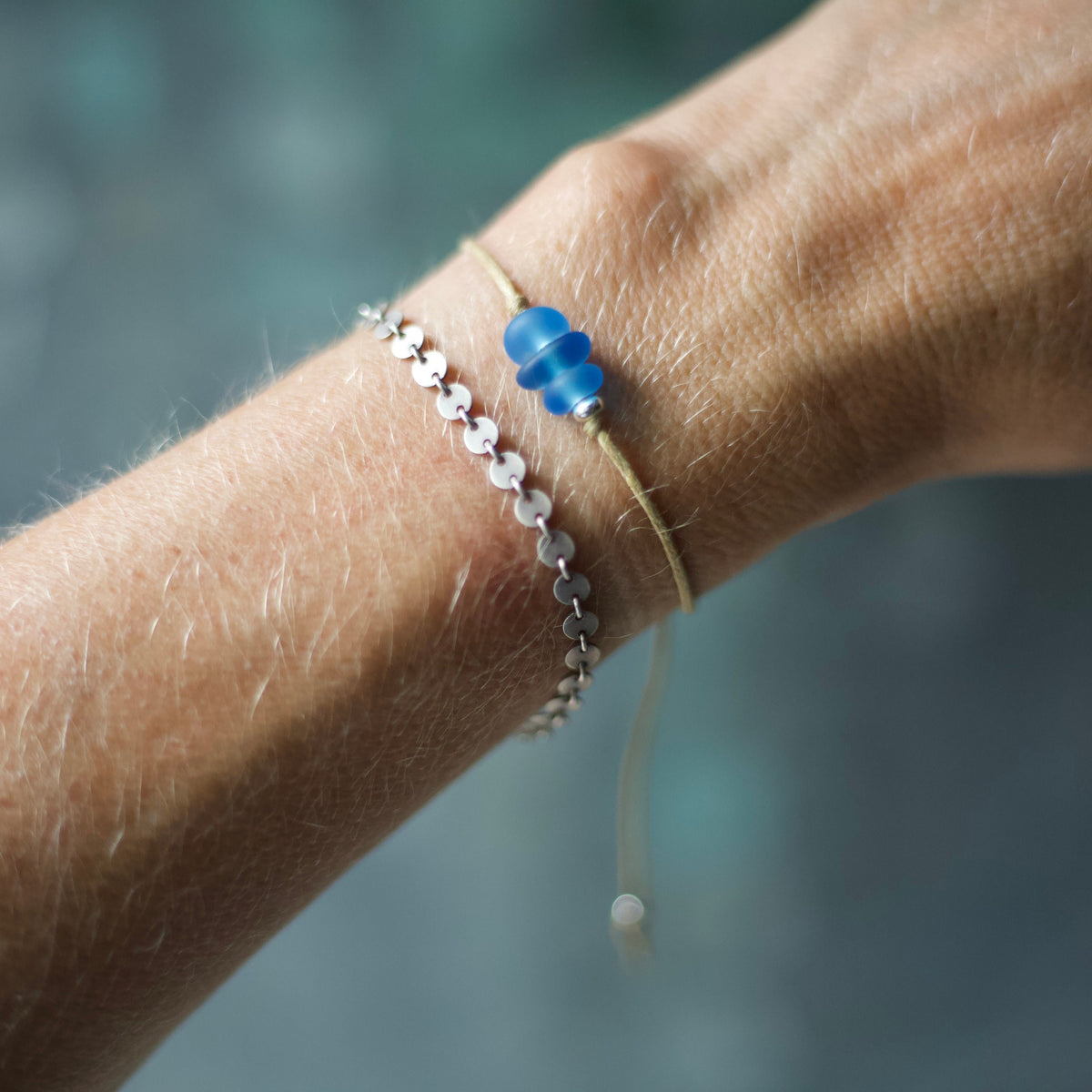 Blue Sea Glass Bracelet: Sterling Silver & Cotton Cord - 3 Seaglass Bead