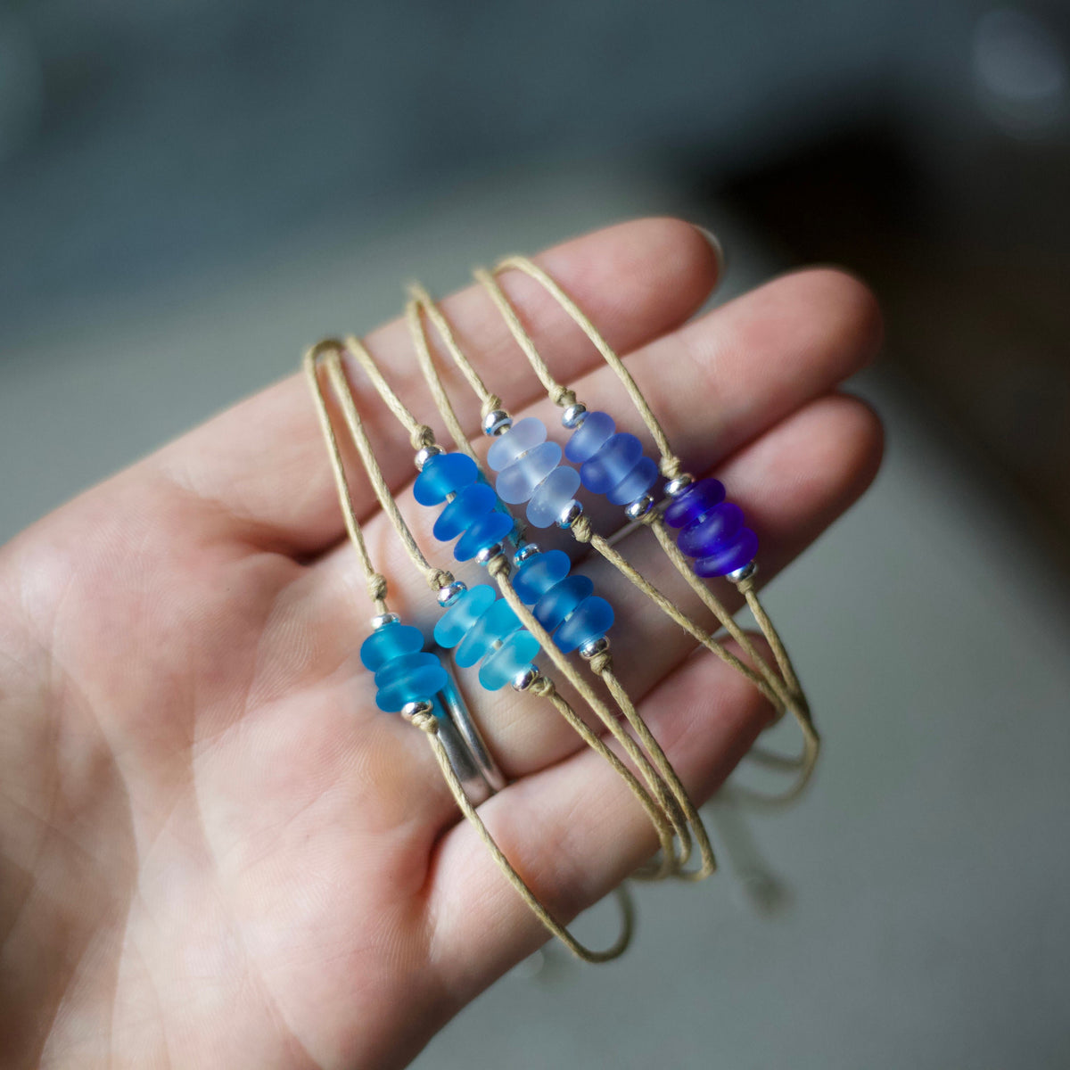 Blue Sea Glass Bracelet: Sterling Silver & Cotton Cord - 3 Seaglass Bead