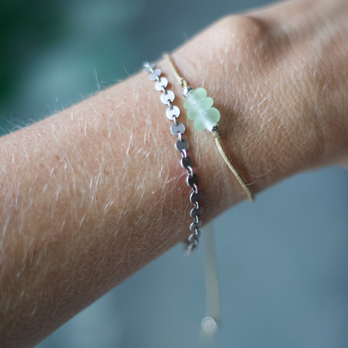 Green Sea Glass Bracelet: Sterling Silver & Cotton Cord, Adjustable - 3 bead