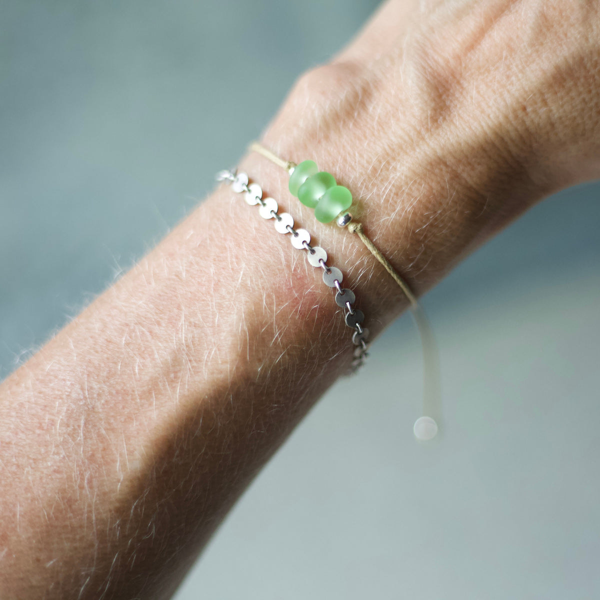 Green Sea Glass Bracelet: Sterling Silver & Cotton Cord, Adjustable - 3 bead