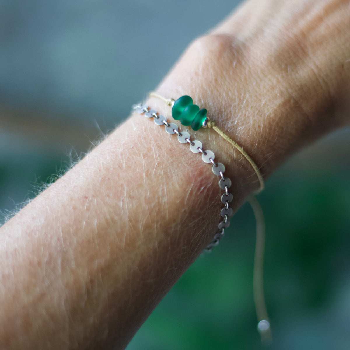Green Sea Glass Bracelet: Sterling Silver & Cotton Cord, Adjustable - 3 bead