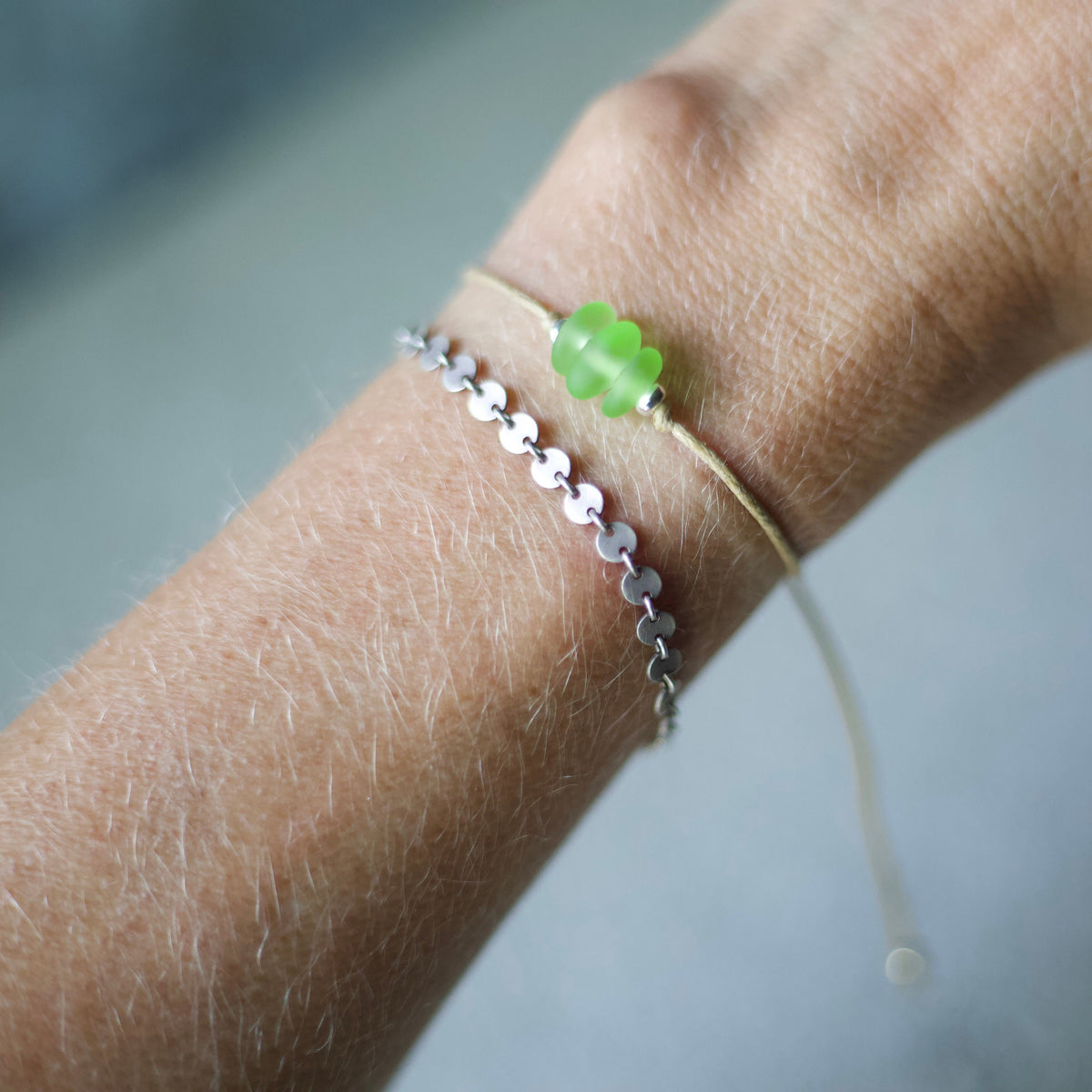 Green Sea Glass Bracelet: Sterling Silver & Cotton Cord, Adjustable - 3 bead
