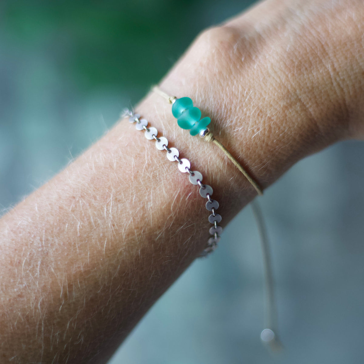 Green Sea Glass Bracelet: Sterling Silver & Cotton Cord, Adjustable - 3 bead