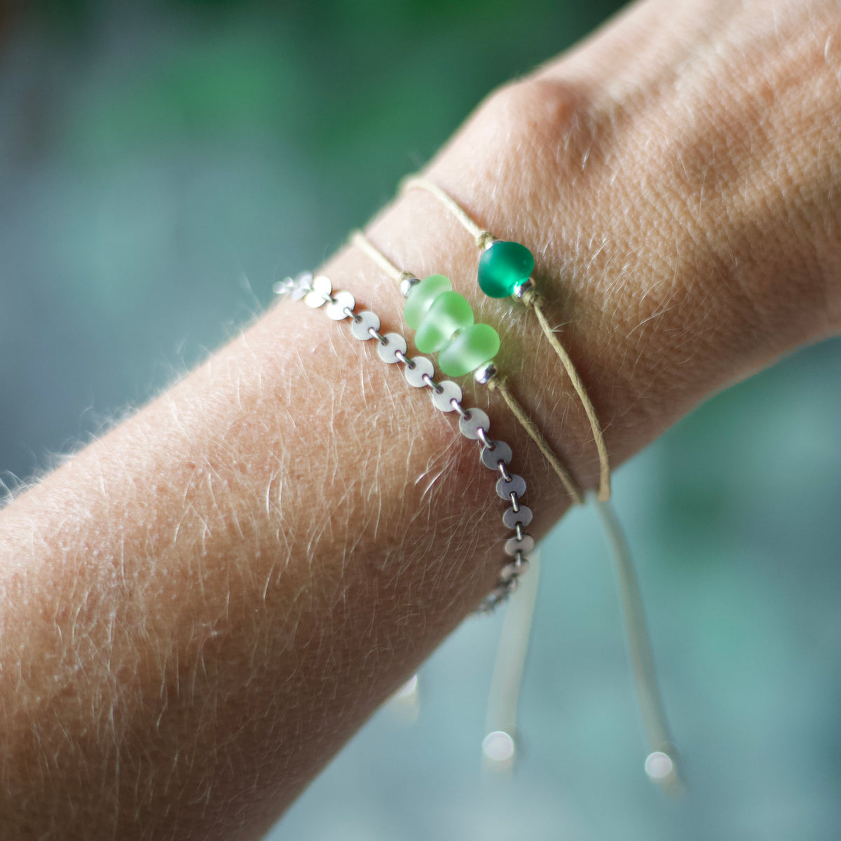 Green Sea Glass Bracelet: Sterling Silver & Cotton Cord - Single Seaglass Bead