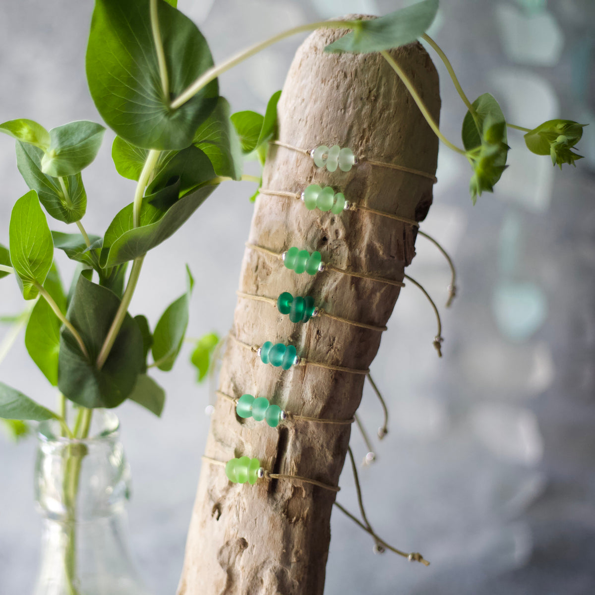 Green Sea Glass Bracelet: Sterling Silver & Cotton Cord - Single Seaglass Bead