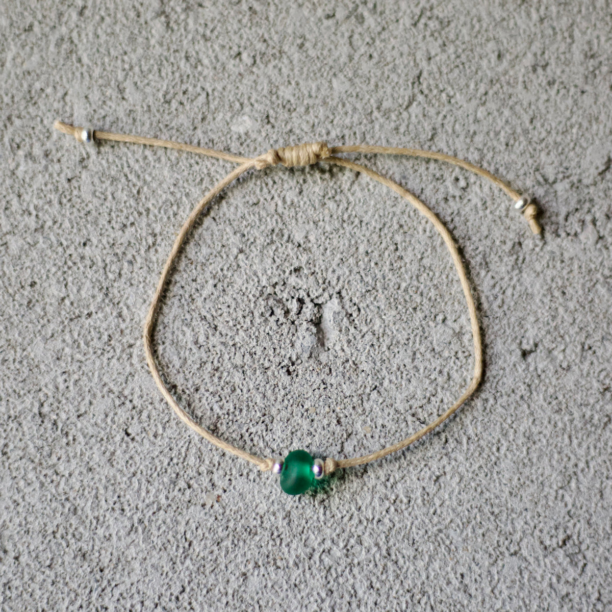 Green Sea Glass Bracelet: Sterling Silver & Cotton Cord - Single Seaglass Bead