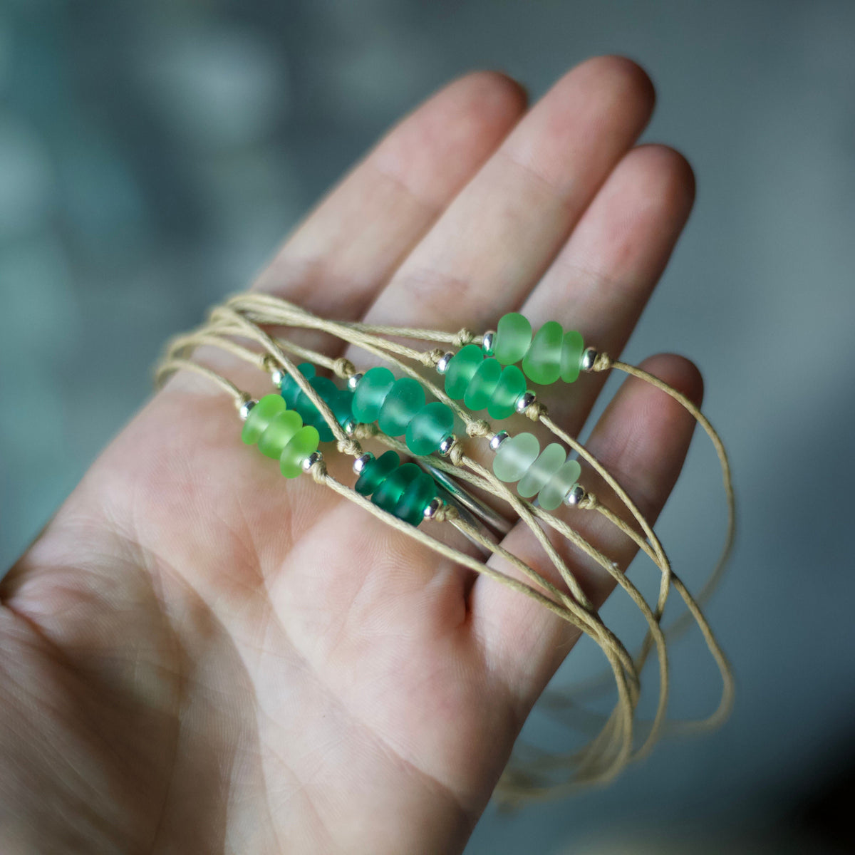 Green Sea Glass Bracelet: Sterling Silver & Cotton Cord, Adjustable - 3 bead